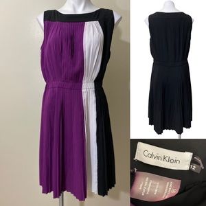 Calvin Klein Purple, White & Black Pleated Sleeveless Dress